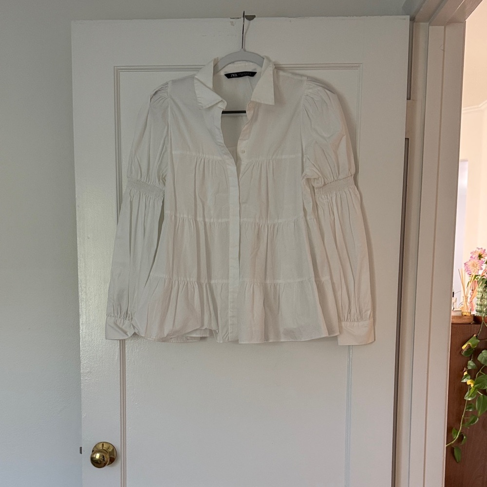 Zara White Tiered Button-Down Blouse